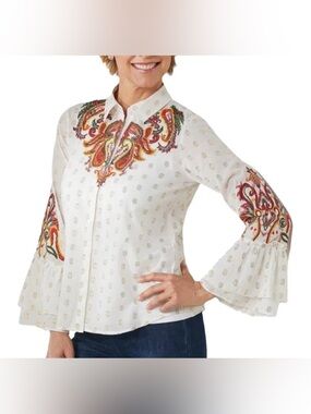 Soft Surrounding Embroidered Flamenco Button Down Metallic Shirt Sz M EUC